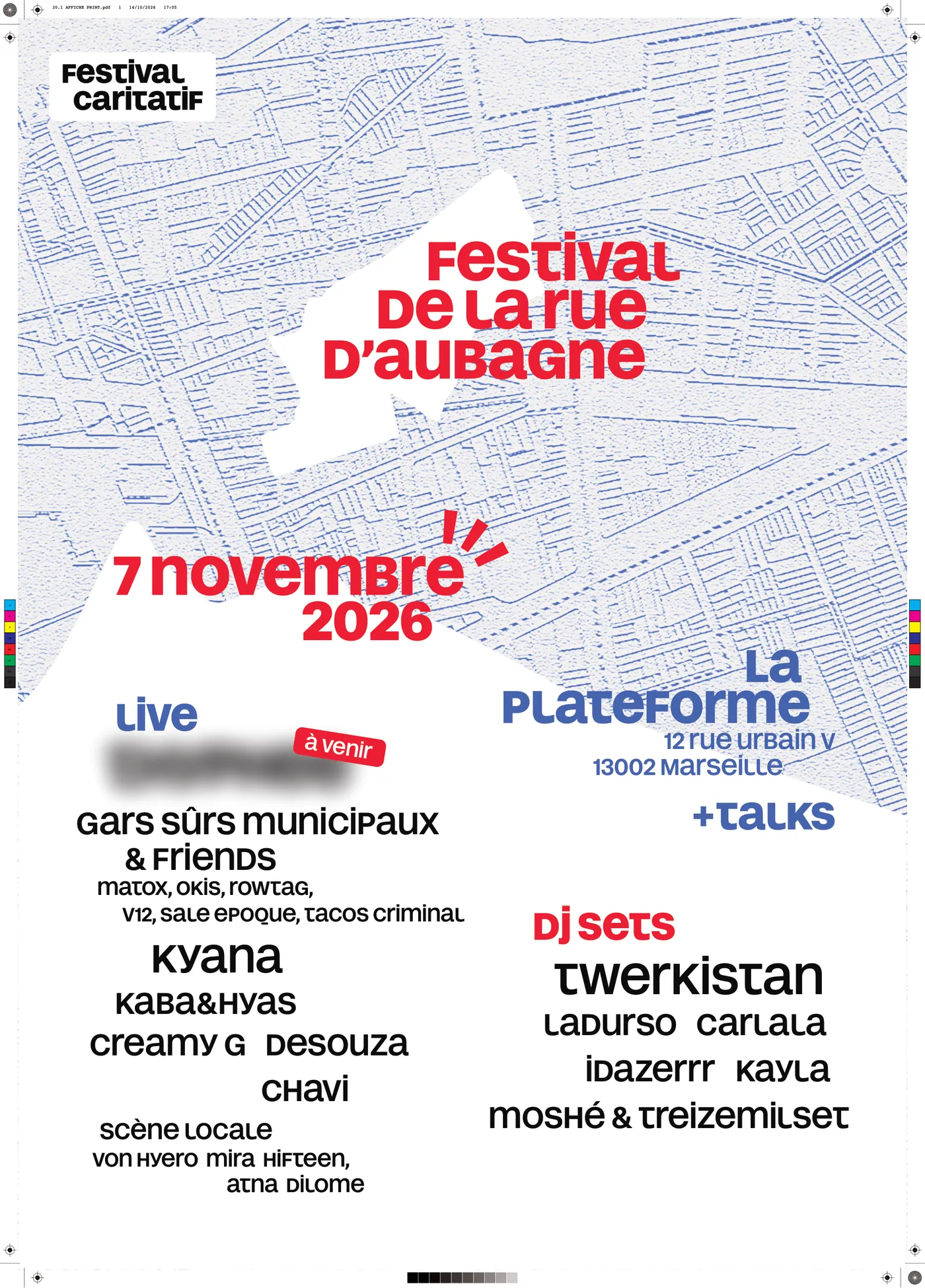 Affiche du festival avec ses repères d’impression : titre, date, lieu et line-up sur le cadastre bleu