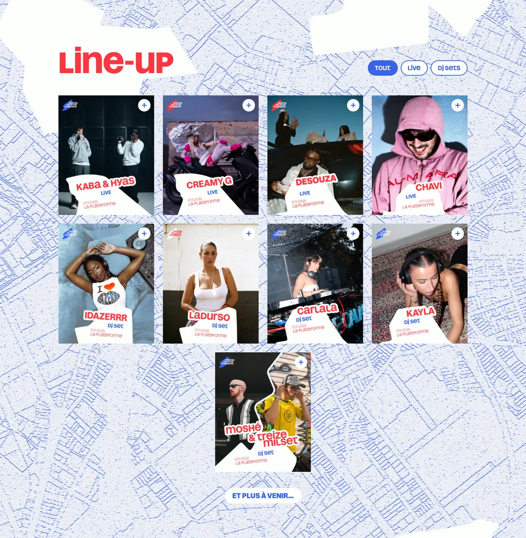 Section « Line-up » du site, à plat